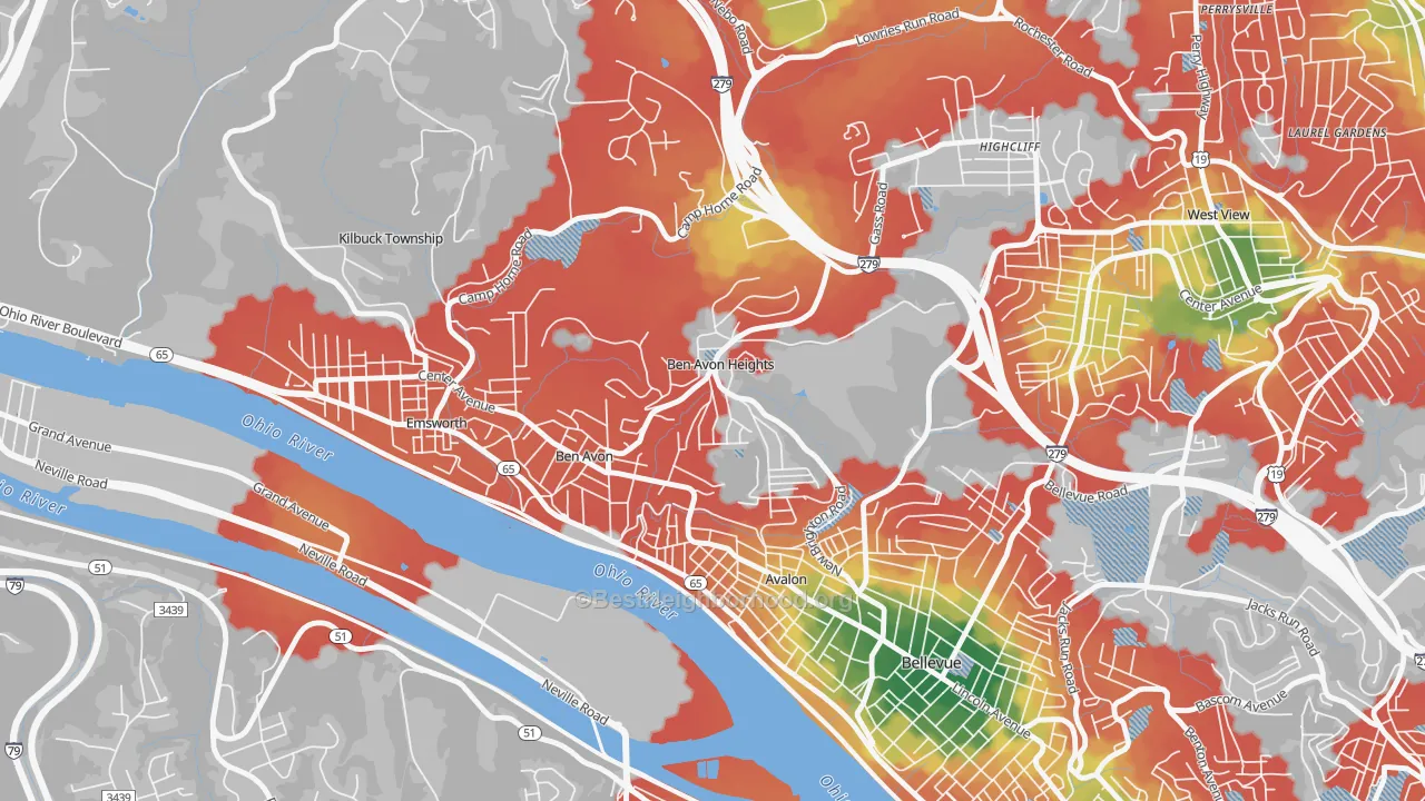 Walk Grade map of Ben Avon Heights, PA, walkable areas in green and car-dependent areas in red