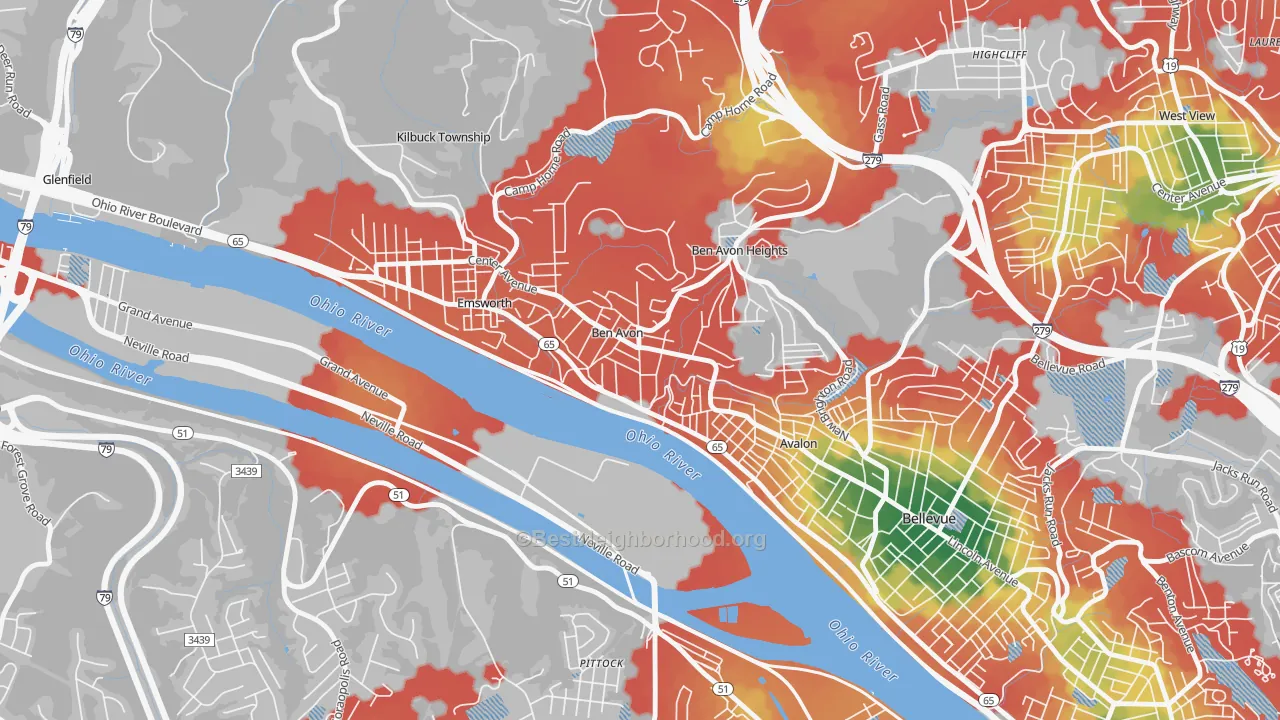 Walk Grade map of Ben Avon, PA, walkable areas in green and car-dependent areas in red