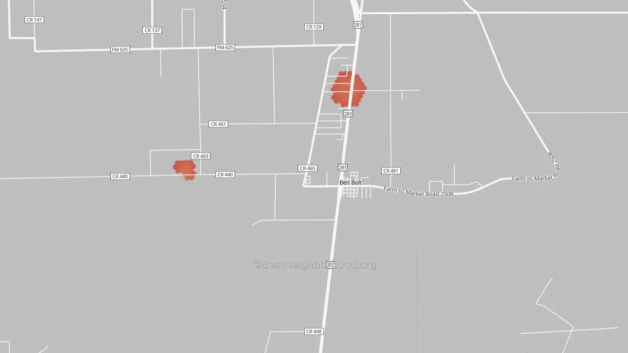 Walk Grade map of Ben Bolt, TX, walkable areas in green and car-dependent areas in red