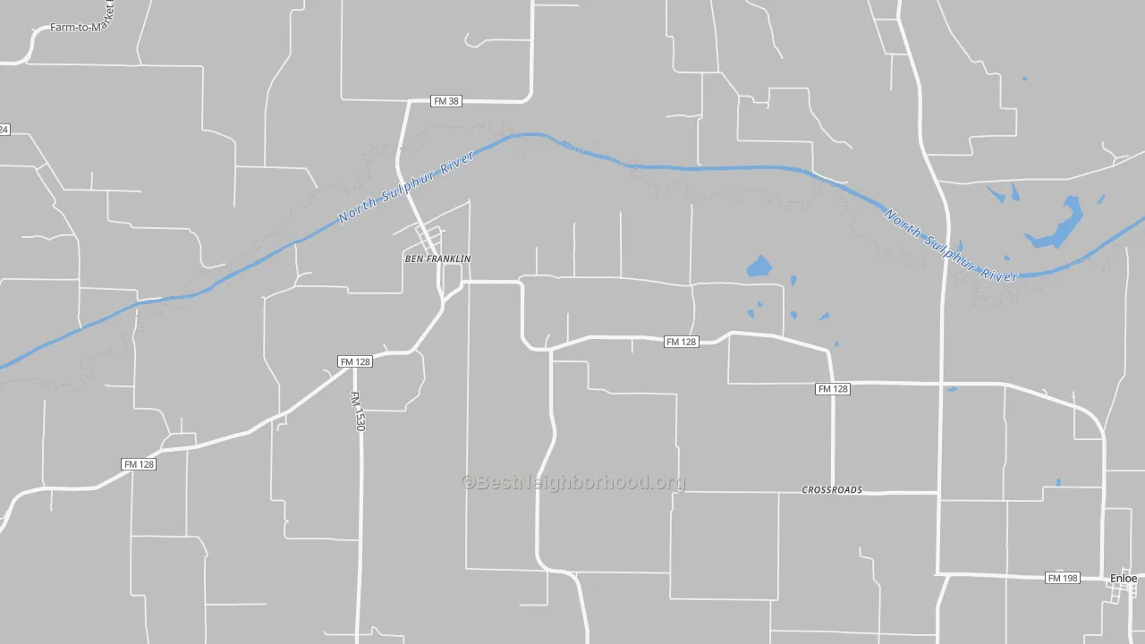 Walk Grade map of Ben Franklin, TX, walkable areas in green and car-dependent areas in red