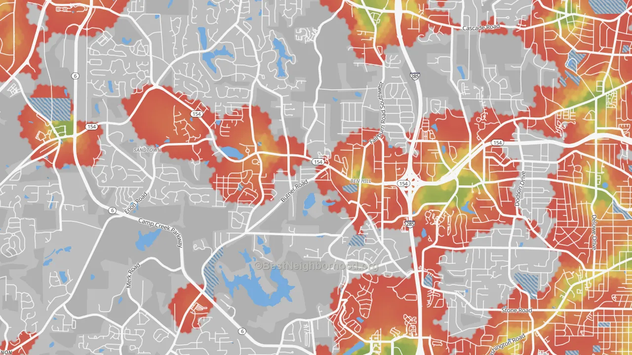 Walk Grade map of Ben Hill, Atlanta, GA, walkable areas in green and car-dependent areas in red