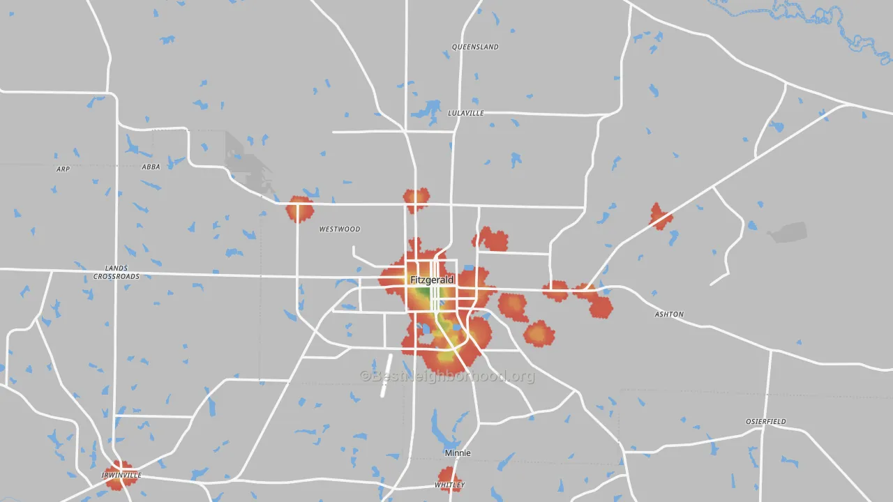 Walk Grade map of Ben Hill County, GA, walkable areas in green and car-dependent areas in red