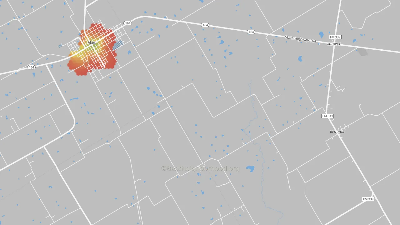 Walk Grade map of Ben Hur, TX, walkable areas in green and car-dependent areas in red