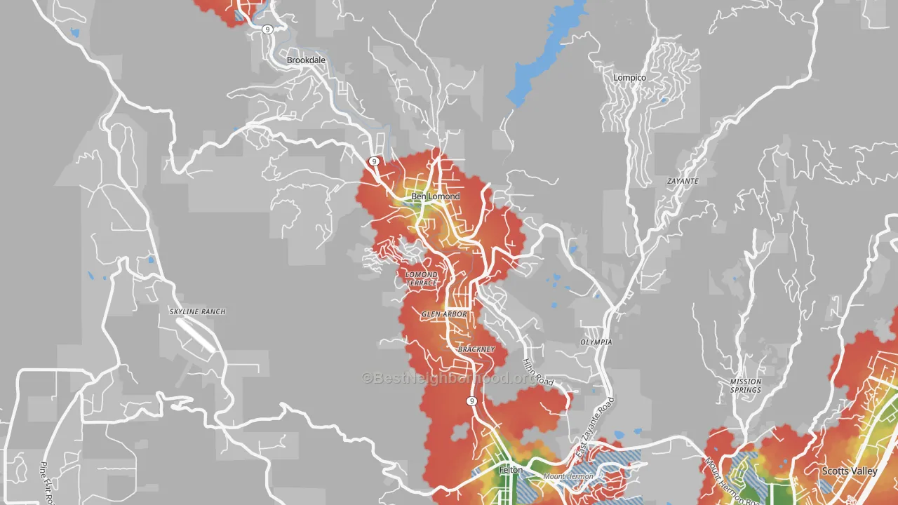 Walk Grade map of Ben Lomond, CA, walkable areas in green and car-dependent areas in red
