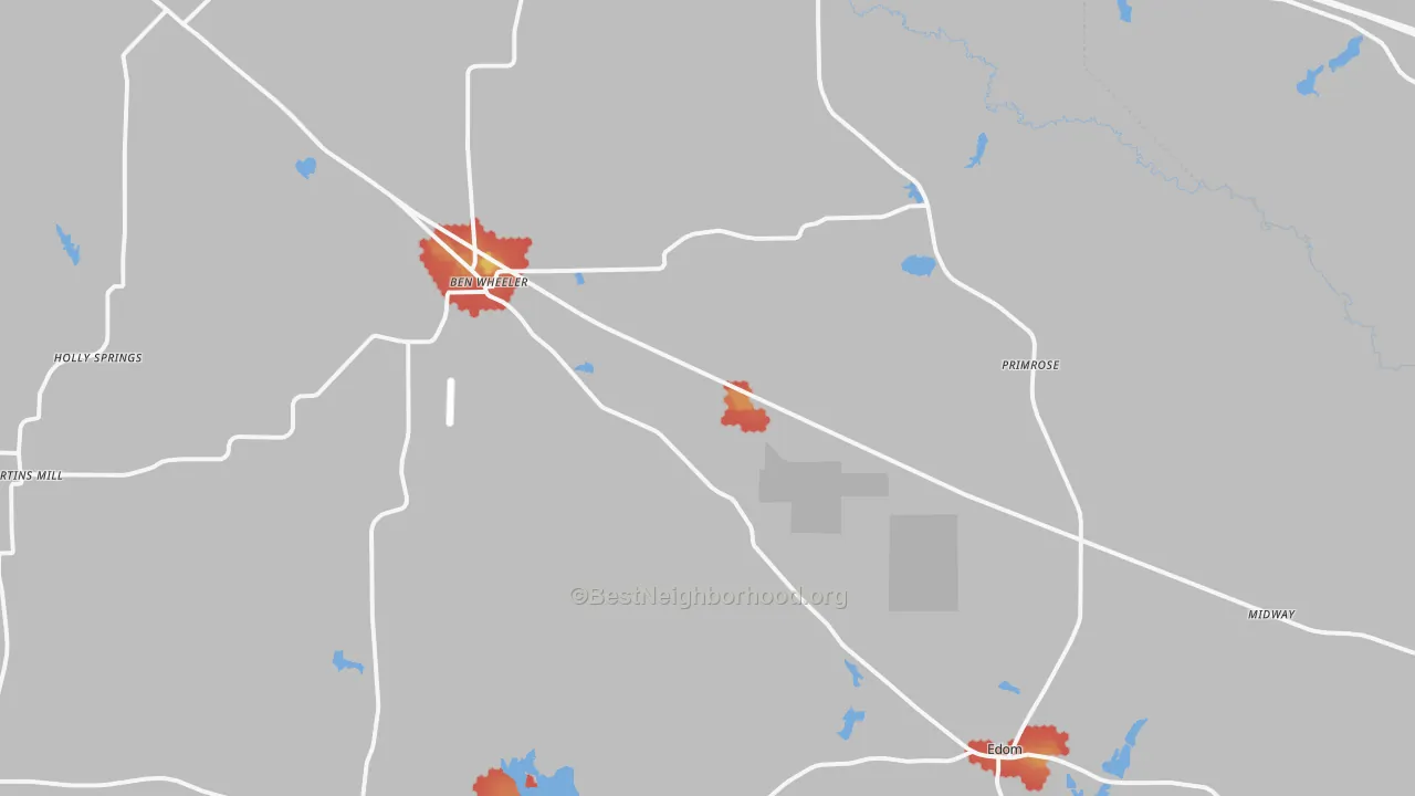 Walk Grade map of Ben Wheeler, TX, walkable areas in green and car-dependent areas in red