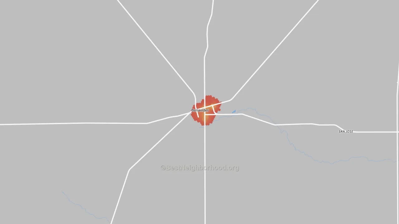 Walk Grade map of Benavides, TX, walkable areas in green and car-dependent areas in red