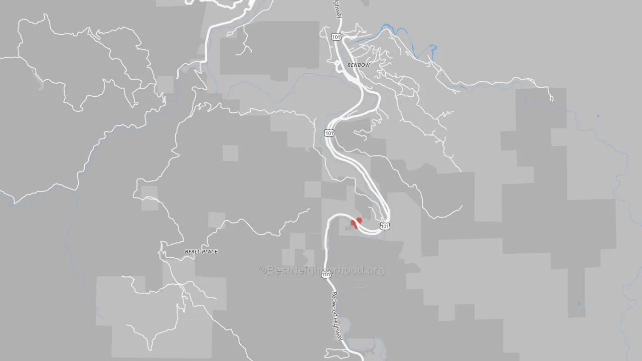 Walk Grade map of Benbow, CA, walkable areas in green and car-dependent areas in red