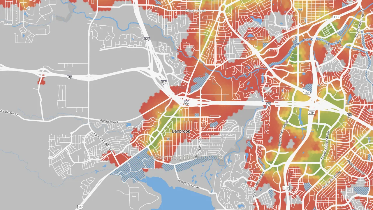 Walk Grade map of Benbrook, TX, walkable areas in green and car-dependent areas in red