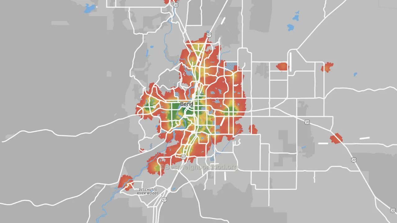 Walk Grade map of Bend, OR, walkable areas in green and car-dependent areas in red