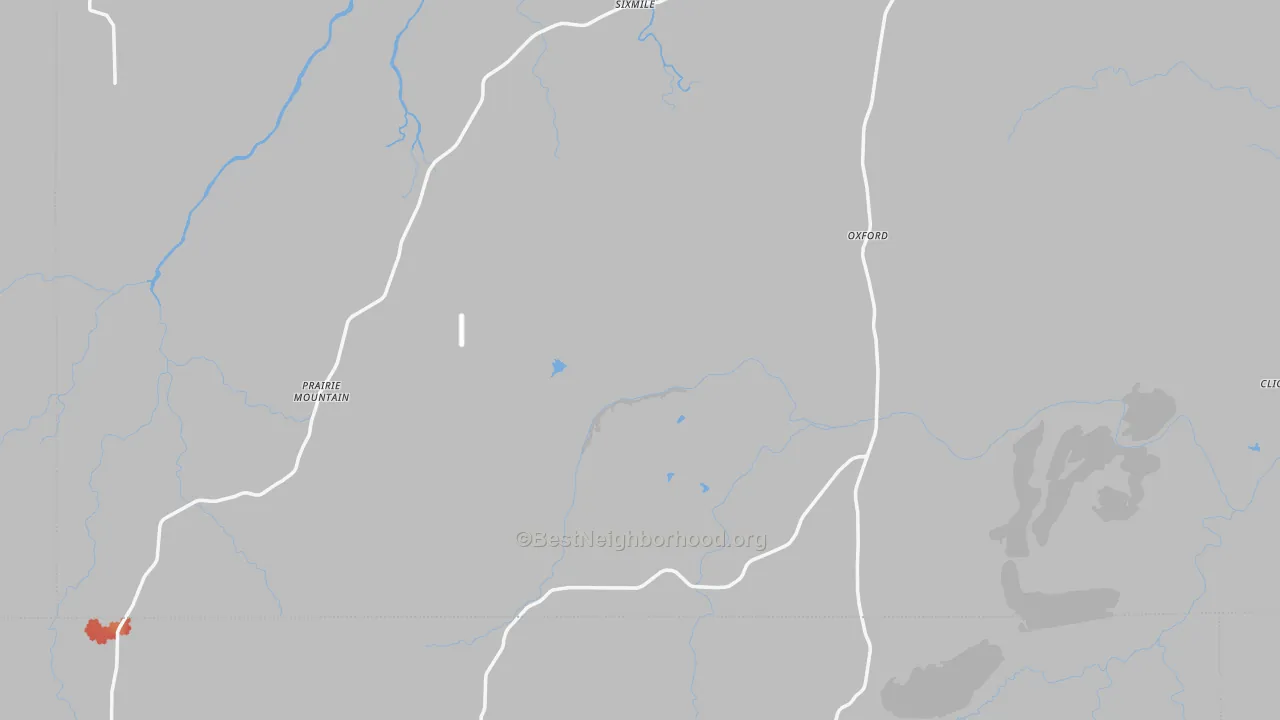 Walk Grade map of Bend, TX, walkable areas in green and car-dependent areas in red