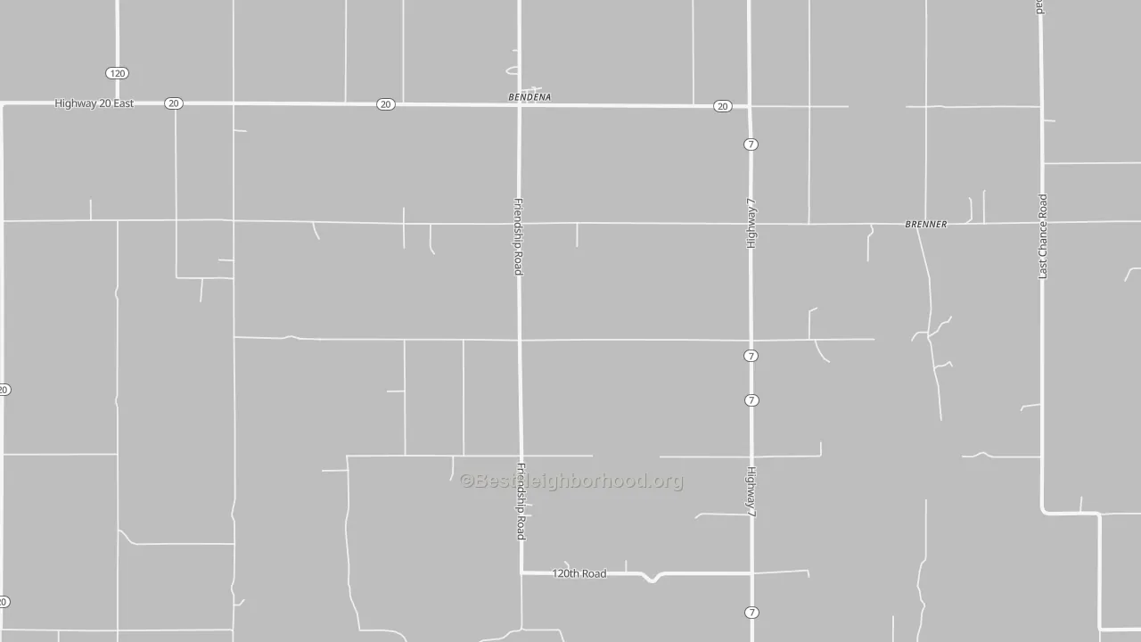 Walk Grade map of Bendena, KS, walkable areas in green and car-dependent areas in red