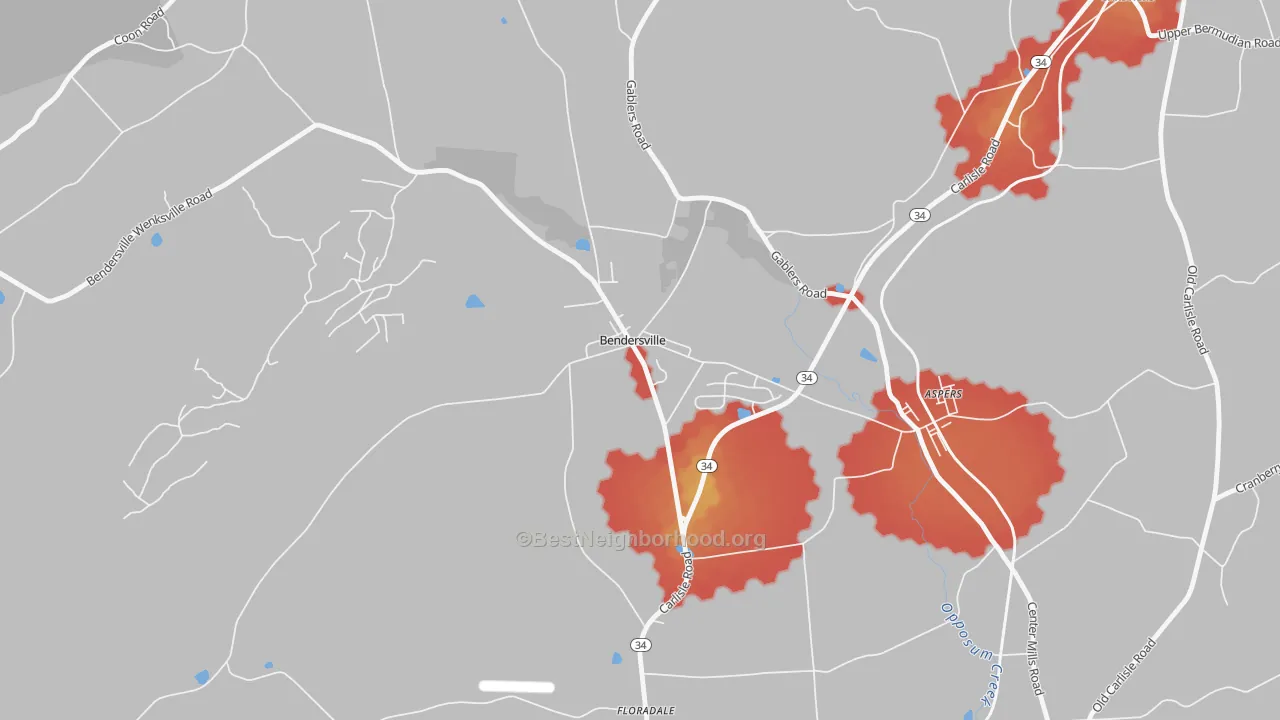 Walk Grade map of Bendersville, PA, walkable areas in green and car-dependent areas in red