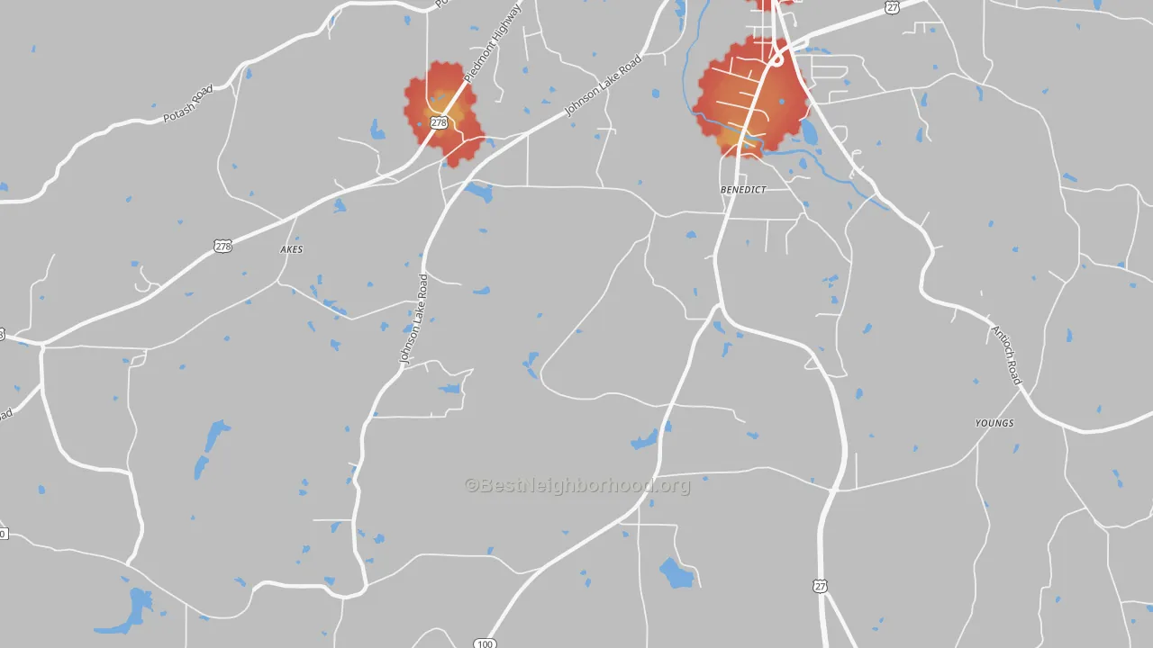 Walk Grade map of Benedict, GA, walkable areas in green and car-dependent areas in red