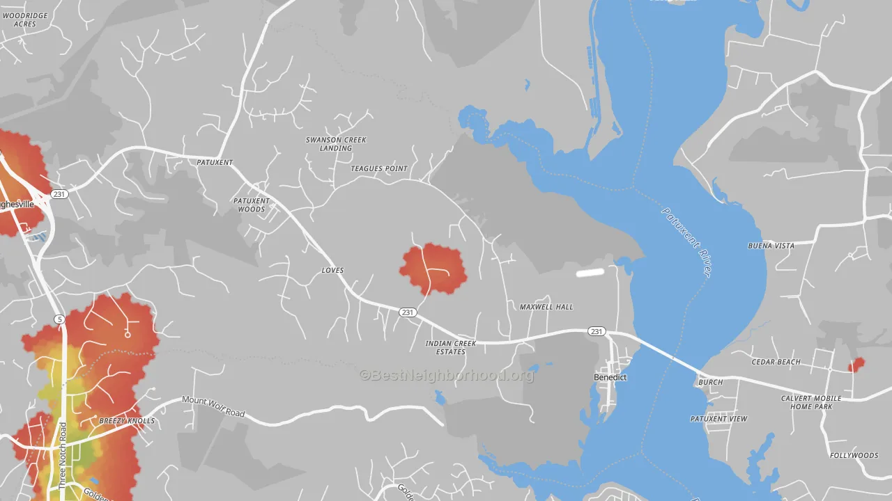 Walk Grade map of Benedict, MD, walkable areas in green and car-dependent areas in red