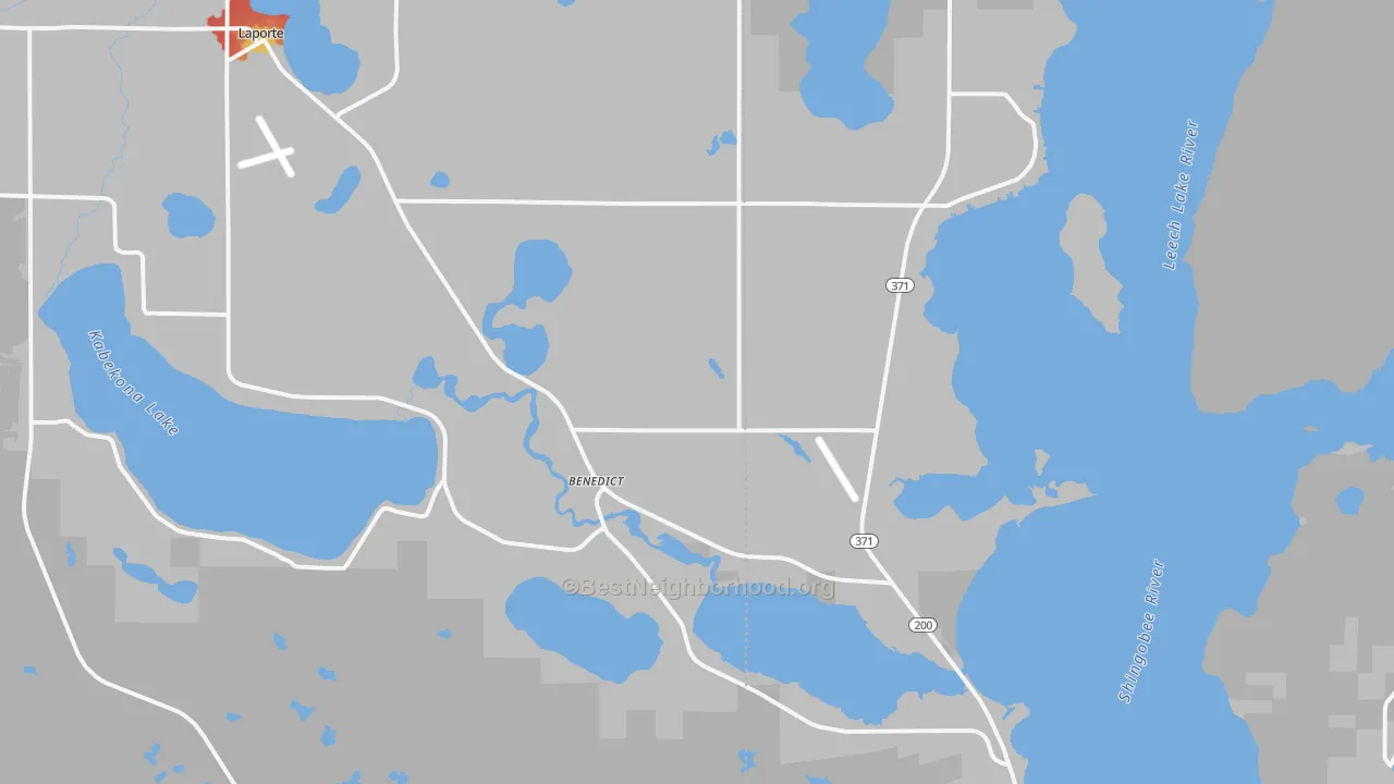 Walk Grade map of Benedict, MN, walkable areas in green and car-dependent areas in red