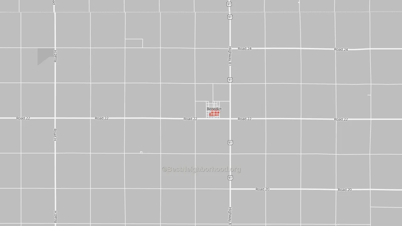 Walk Grade map of Benedict, NE, walkable areas in green and car-dependent areas in red