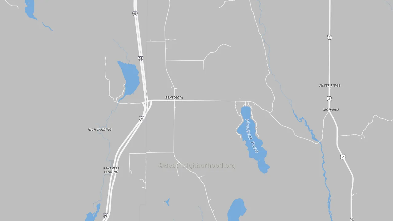 Walk Grade map of Benedicta, ME, walkable areas in green and car-dependent areas in red