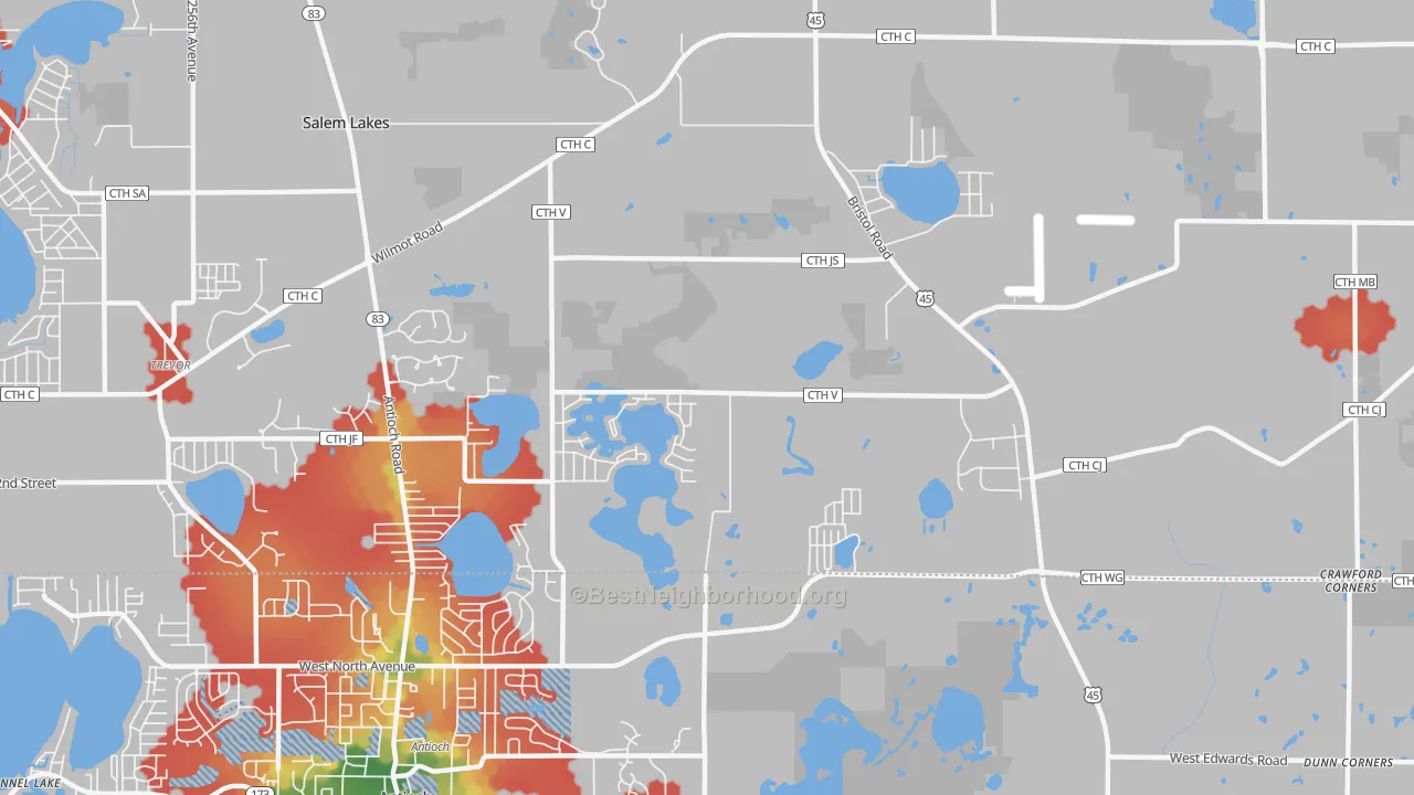 Walk Grade map of Benet Lake, WI, walkable areas in green and car-dependent areas in red