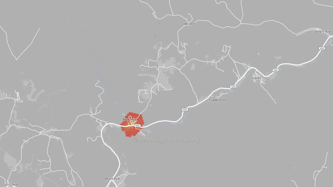 Walk Grade map of Benezett, PA, walkable areas in green and car-dependent areas in red