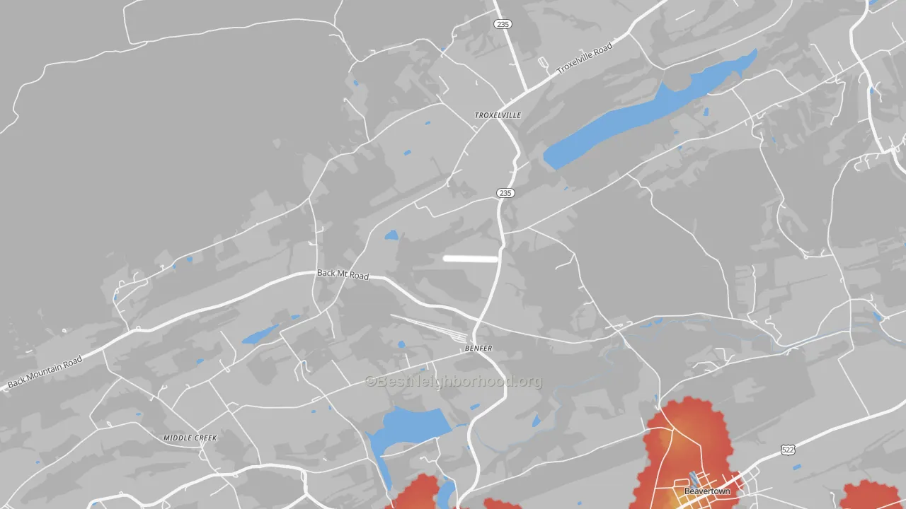 Walk Grade map of Benfer, PA, walkable areas in green and car-dependent areas in red