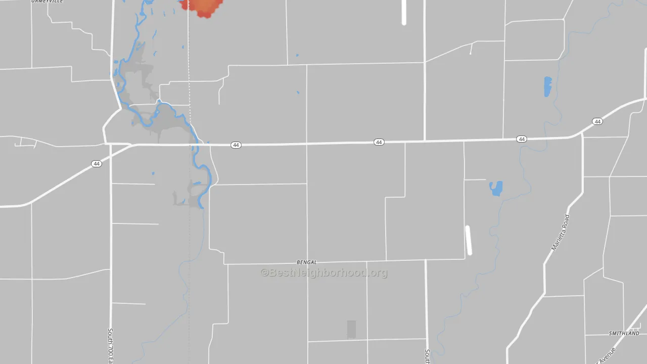 Walk Grade map of Bengal, IN, walkable areas in green and car-dependent areas in red