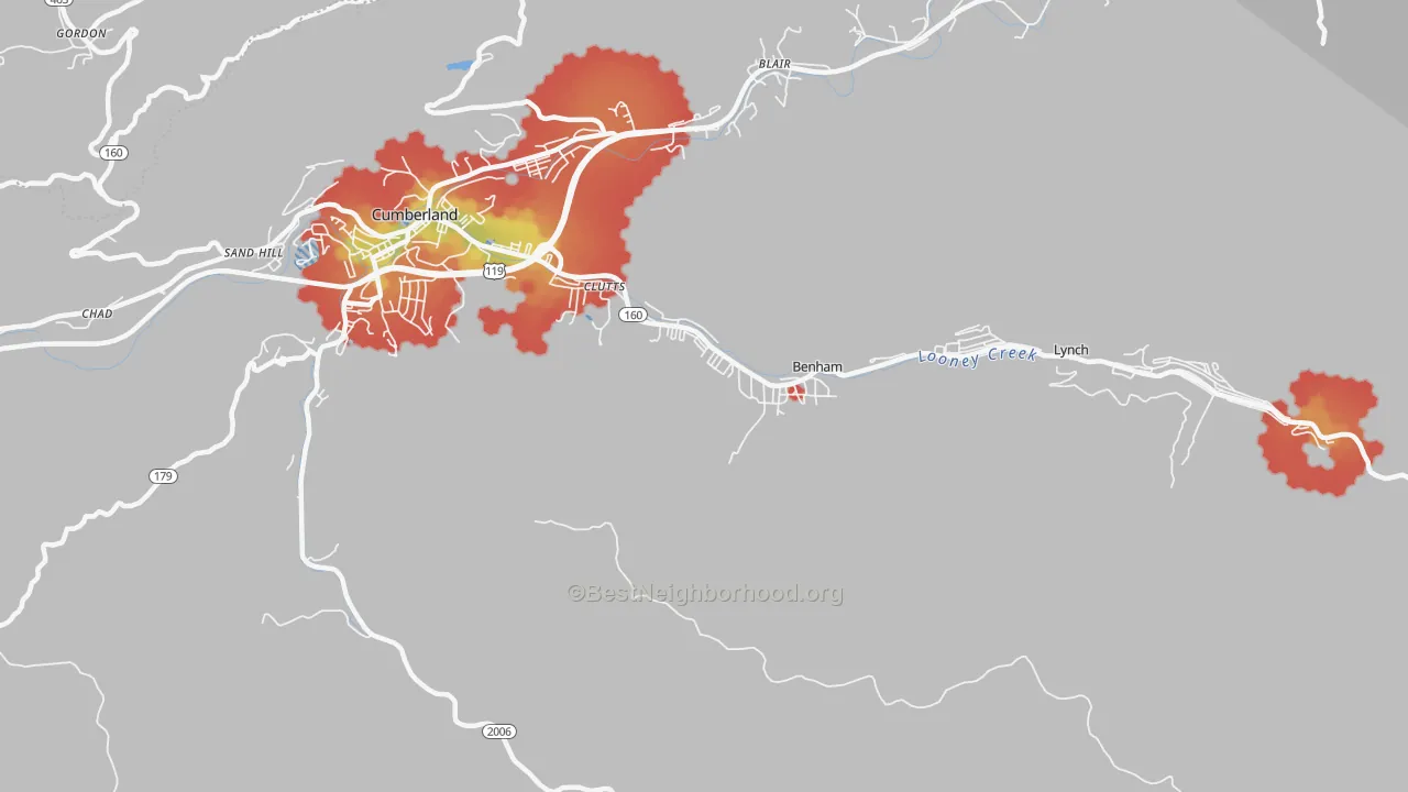 Walk Grade map of Benham, KY, walkable areas in green and car-dependent areas in red