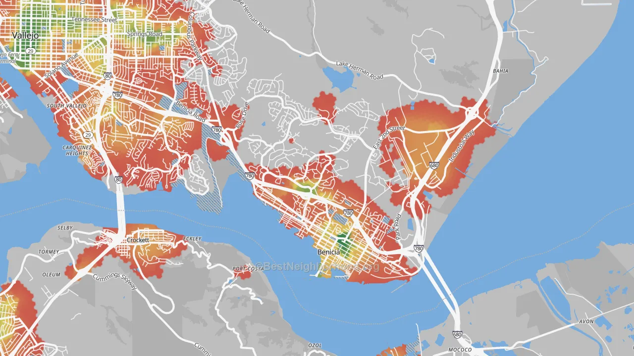 Walk Grade map of Benicia, CA, walkable areas in green and car-dependent areas in red
