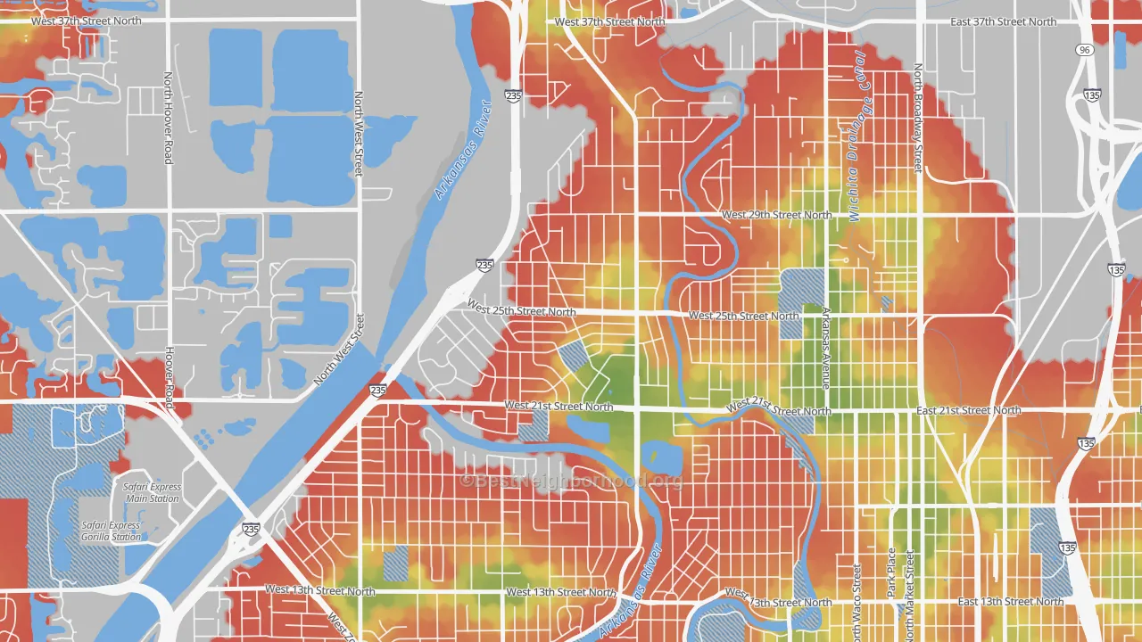 Walk Grade map of Benjamin Hills, Wichita, KS, walkable areas in green and car-dependent areas in red