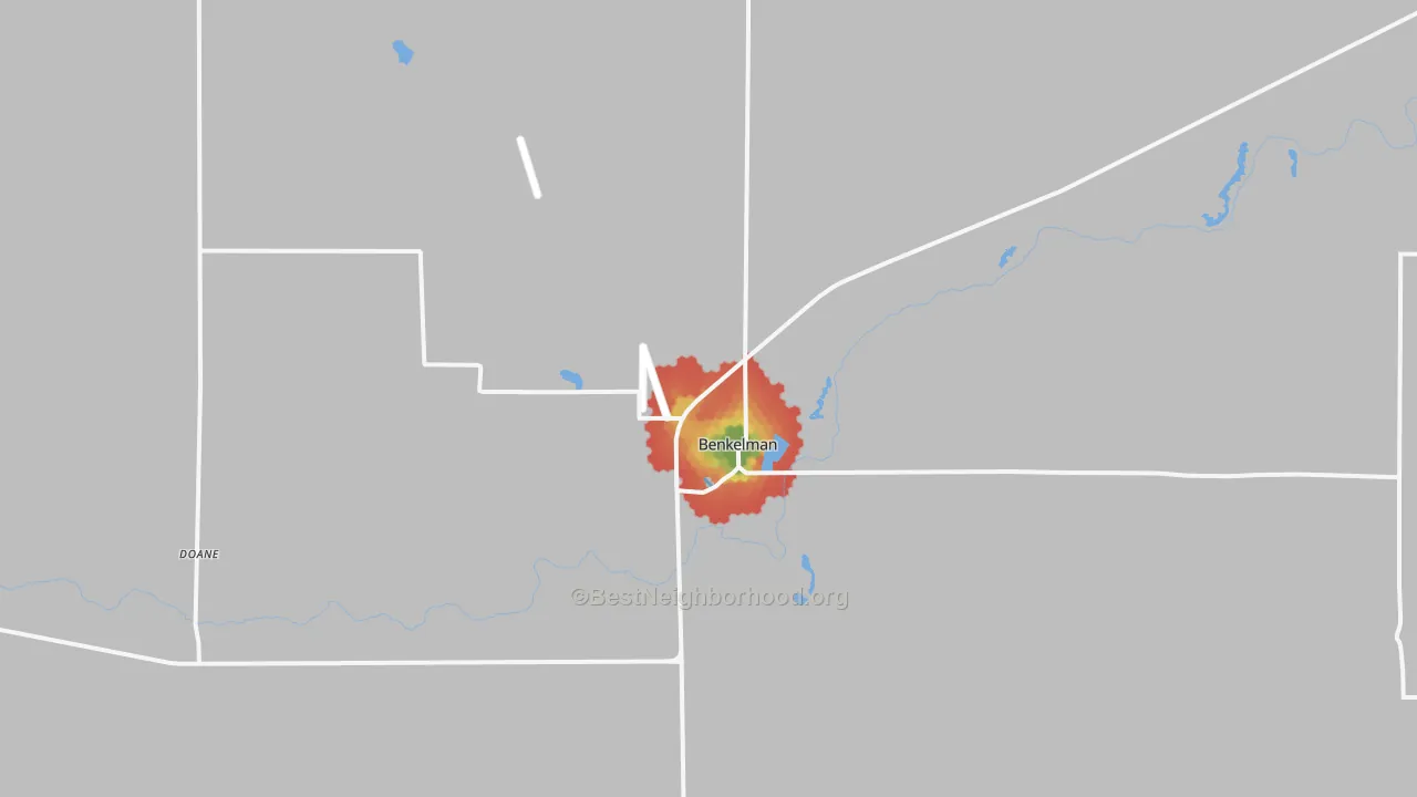 Walk Grade map of Benkelman, NE, walkable areas in green and car-dependent areas in red