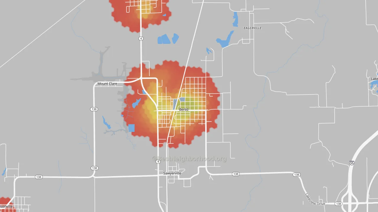 Walk Grade map of Benld, IL, walkable areas in green and car-dependent areas in red