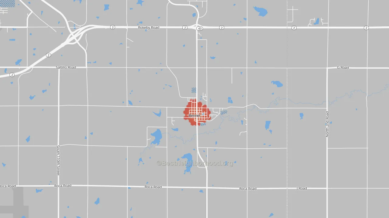 Walk Grade map of Bennet, NE, walkable areas in green and car-dependent areas in red