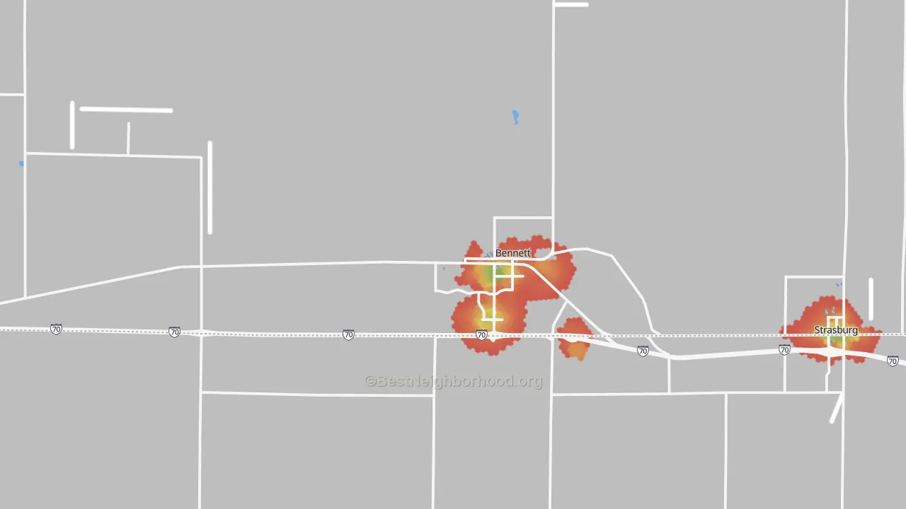 Walk Grade map of Bennett, CO, walkable areas in green and car-dependent areas in red