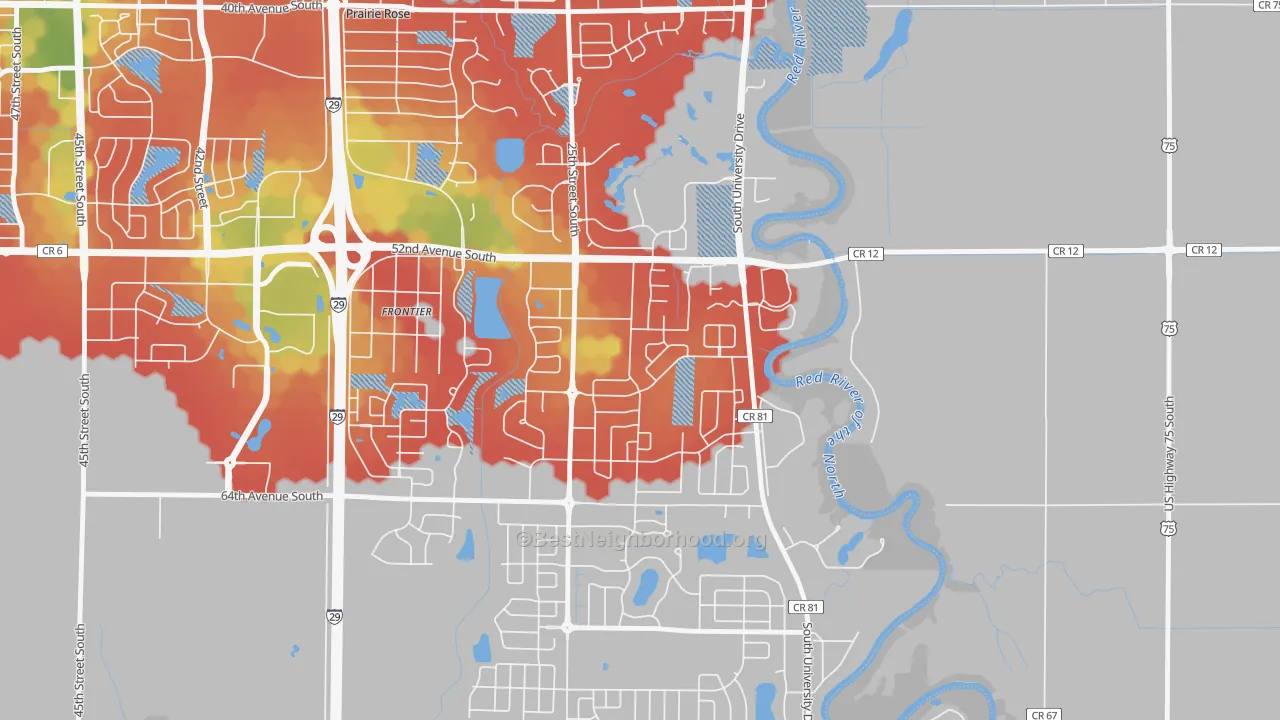 Walk Grade map of Bennett, Fargo, ND, walkable areas in green and car-dependent areas in red