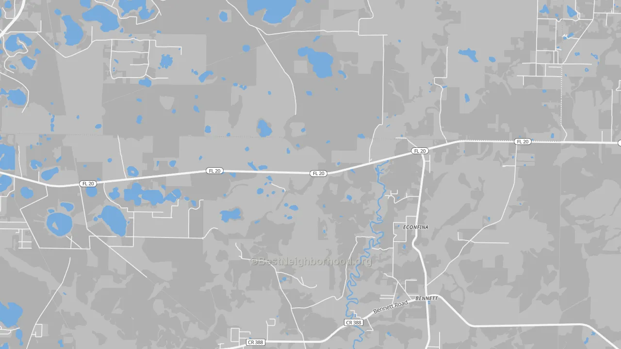Walk Grade map of Bennett, FL, walkable areas in green and car-dependent areas in red