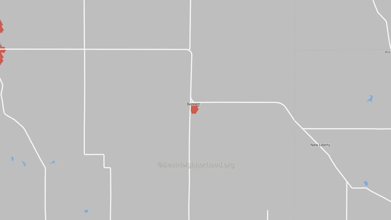 Walk Grade map of Bennett, IA, walkable areas in green and car-dependent areas in red