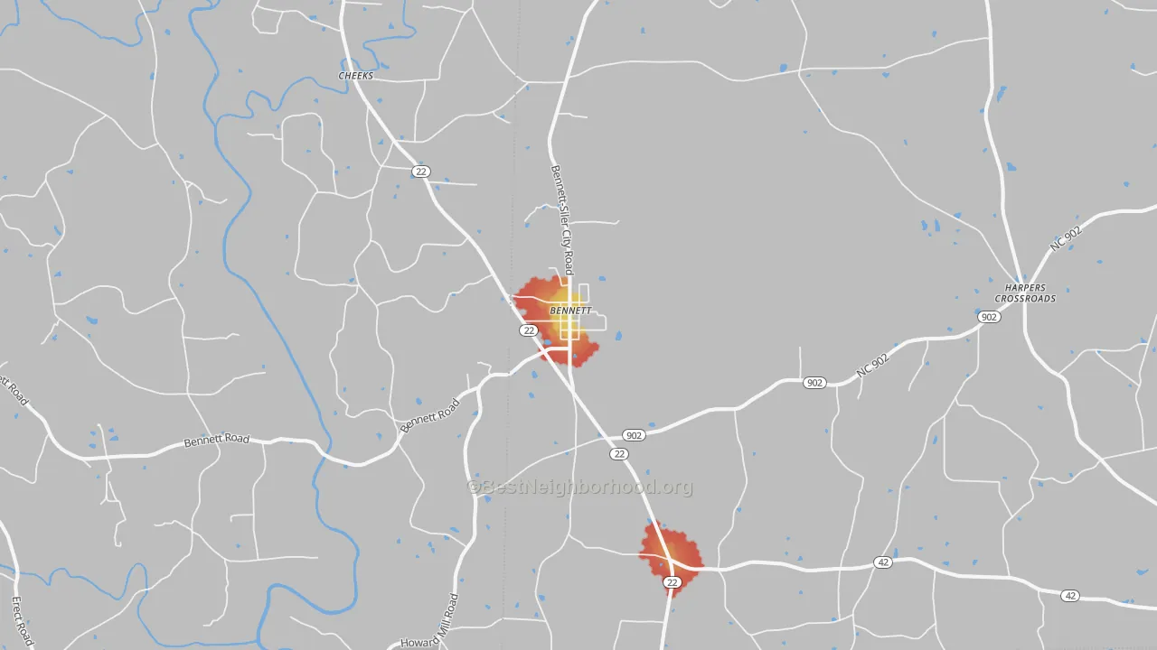 Walk Grade map of Bennett, NC, walkable areas in green and car-dependent areas in red
