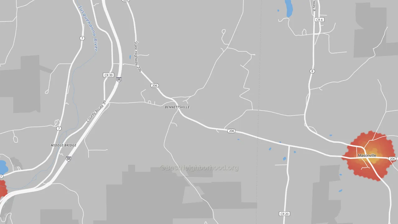 Walk Grade map of Bennettsville, NY, walkable areas in green and car-dependent areas in red