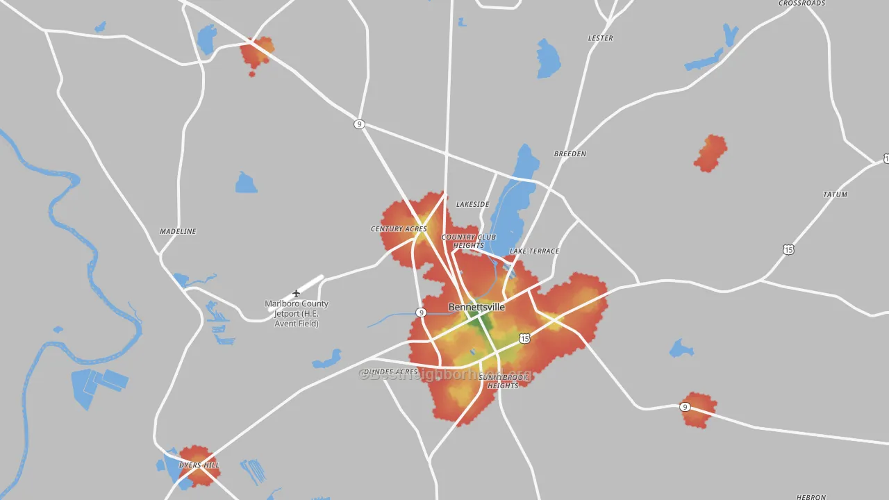 Walk Grade map of Bennettsville, SC, walkable areas in green and car-dependent areas in red