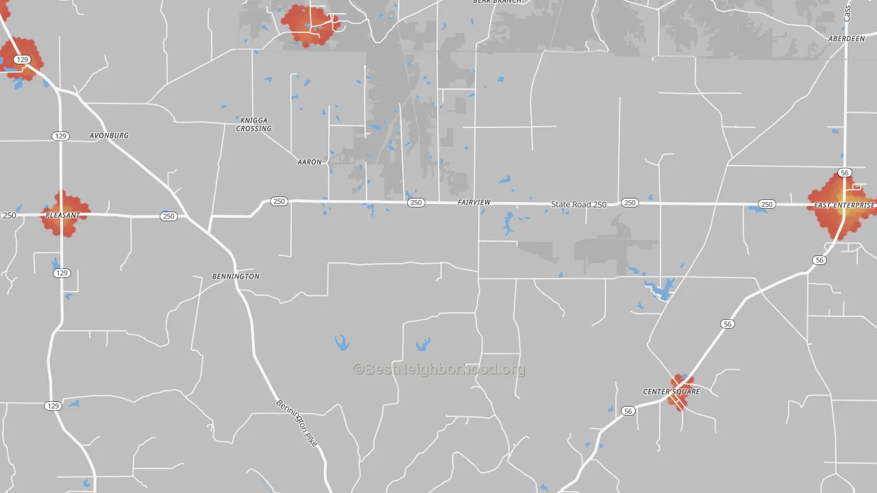 Walk Grade map of Bennington, IN, walkable areas in green and car-dependent areas in red
