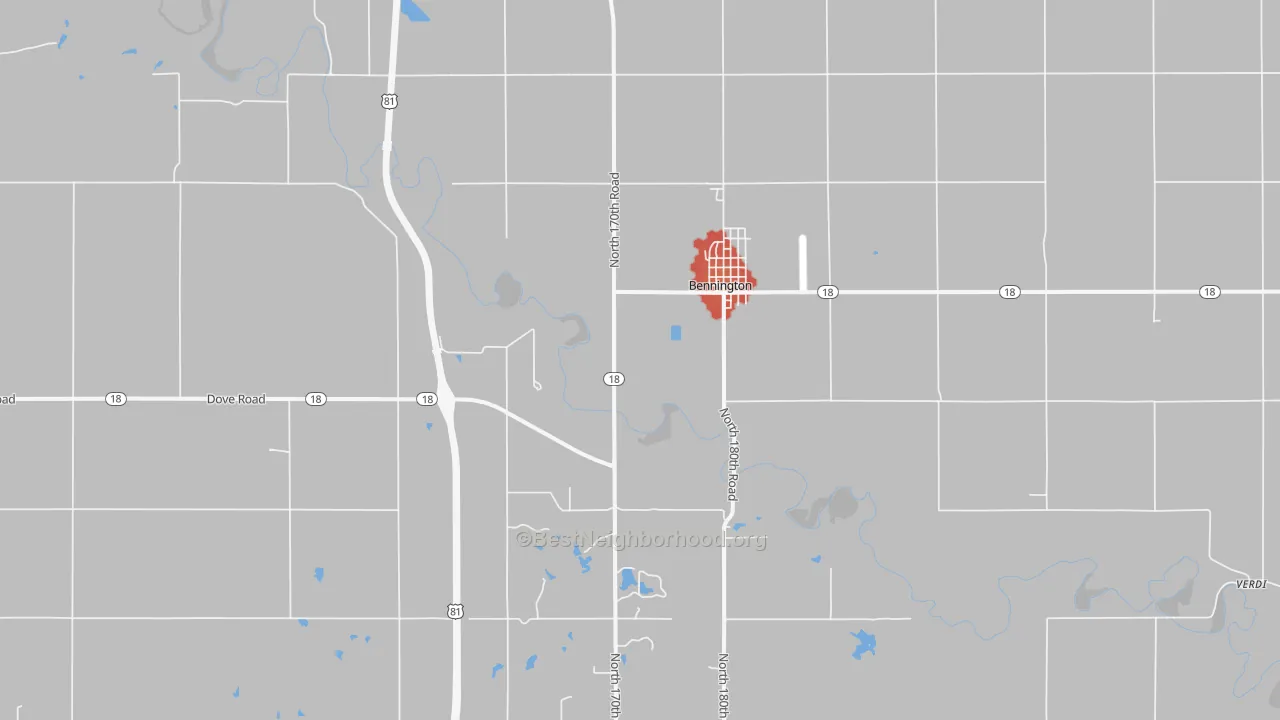 Walk Grade map of Bennington, KS, walkable areas in green and car-dependent areas in red