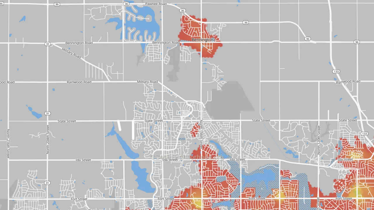 Walk Grade map of Bennington, NE, walkable areas in green and car-dependent areas in red