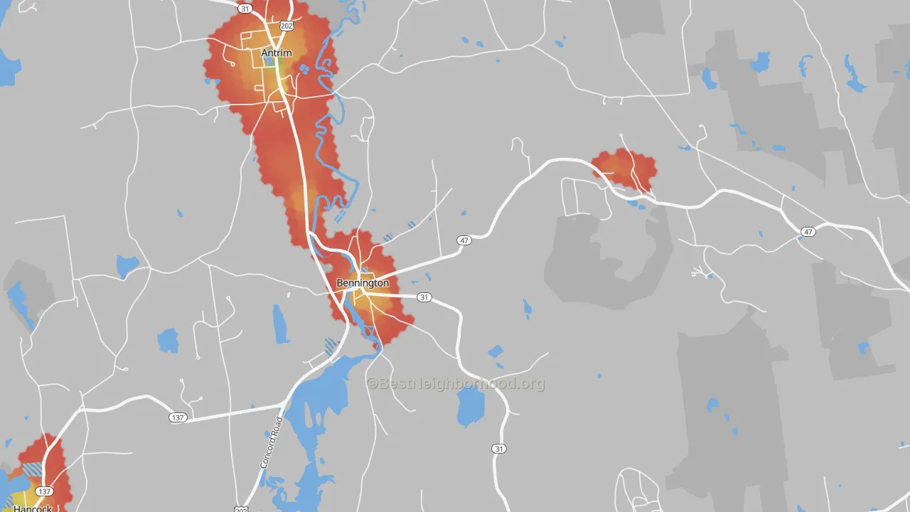 Walk Grade map of Bennington, NH, walkable areas in green and car-dependent areas in red