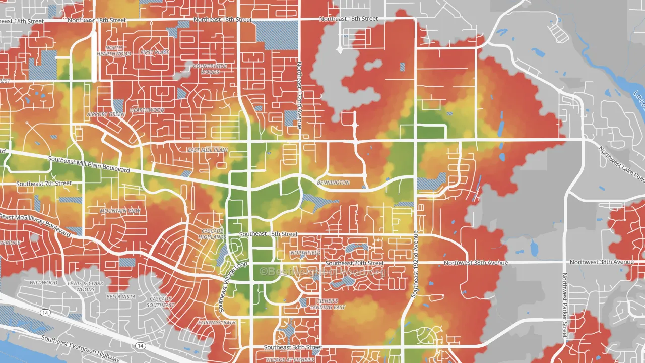 Walk Grade map of Bennington, Vancouver, WA, walkable areas in green and car-dependent areas in red
