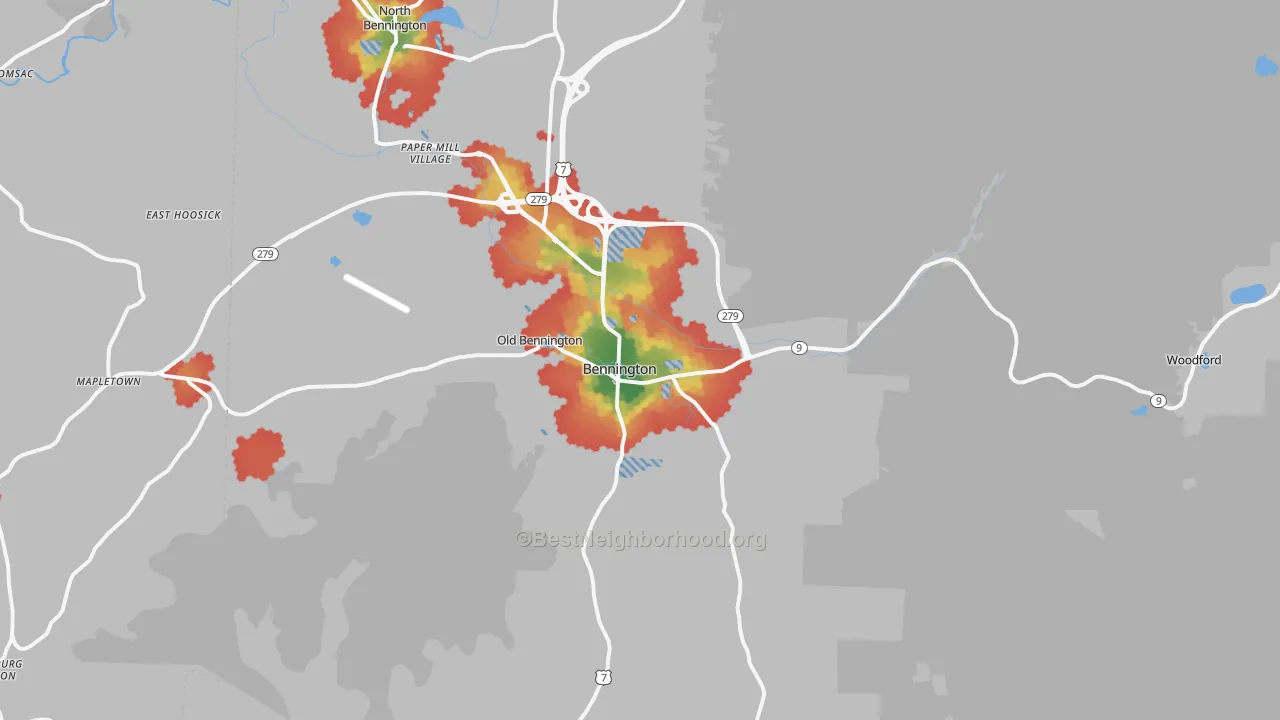 Walk Grade map of Bennington, VT, walkable areas in green and car-dependent areas in red