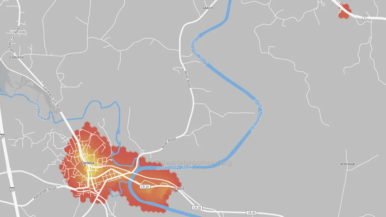 Walk Grade map of Benoit, AL, walkable areas in green and car-dependent areas in red