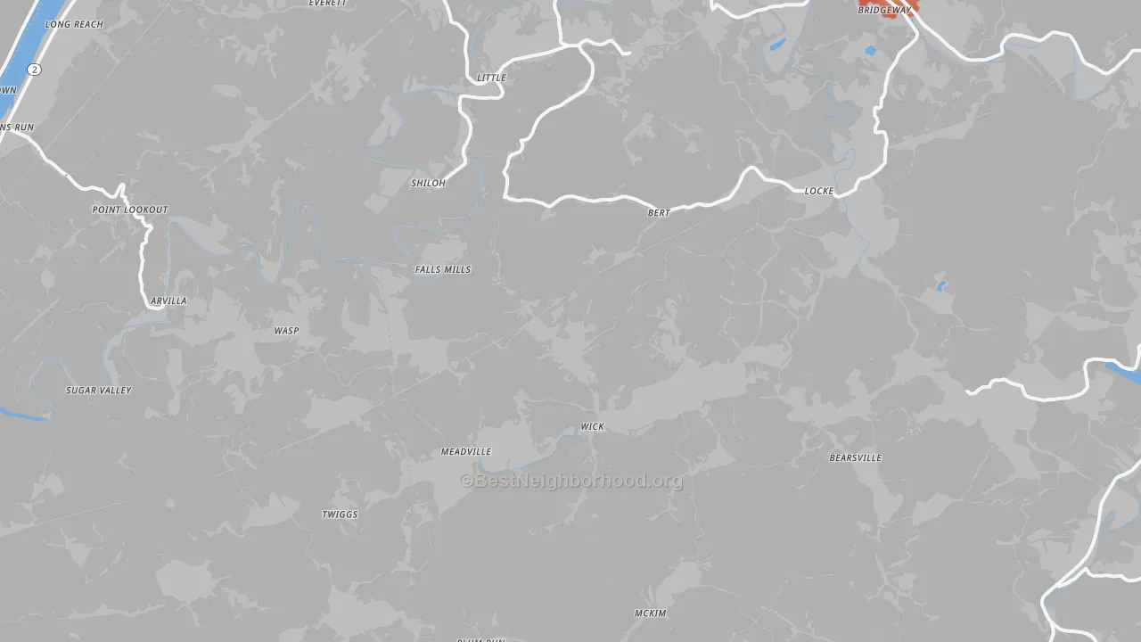 Walk Grade map of Bens Run, WV, walkable areas in green and car-dependent areas in red