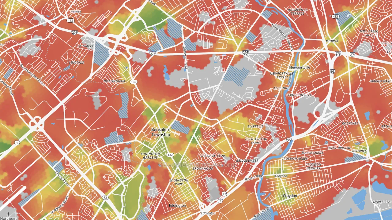 Walk Grade map of Bensalem, PA, walkable areas in green and car-dependent areas in red