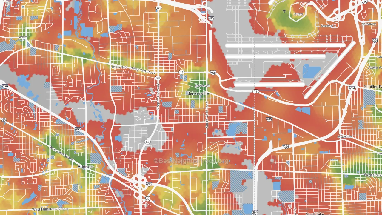 Walk Grade map of Bensenville, IL, walkable areas in green and car-dependent areas in red