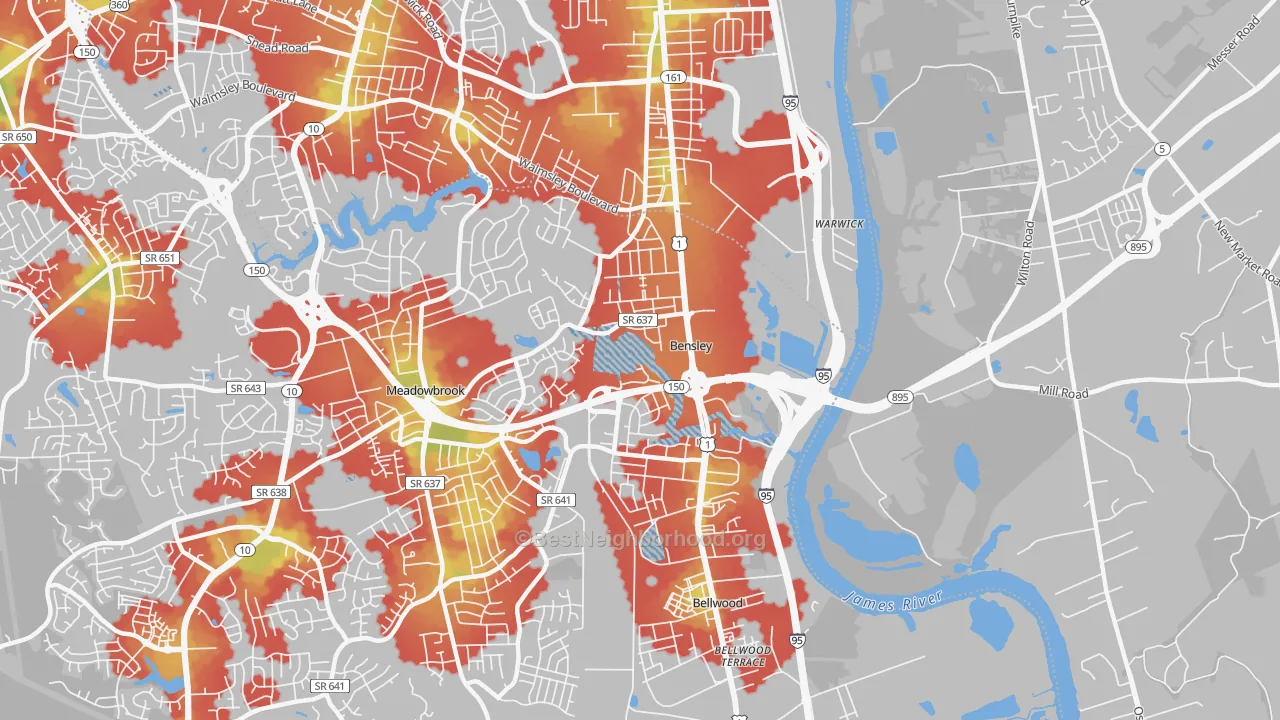 Walk Grade map of Bensley, VA, walkable areas in green and car-dependent areas in red