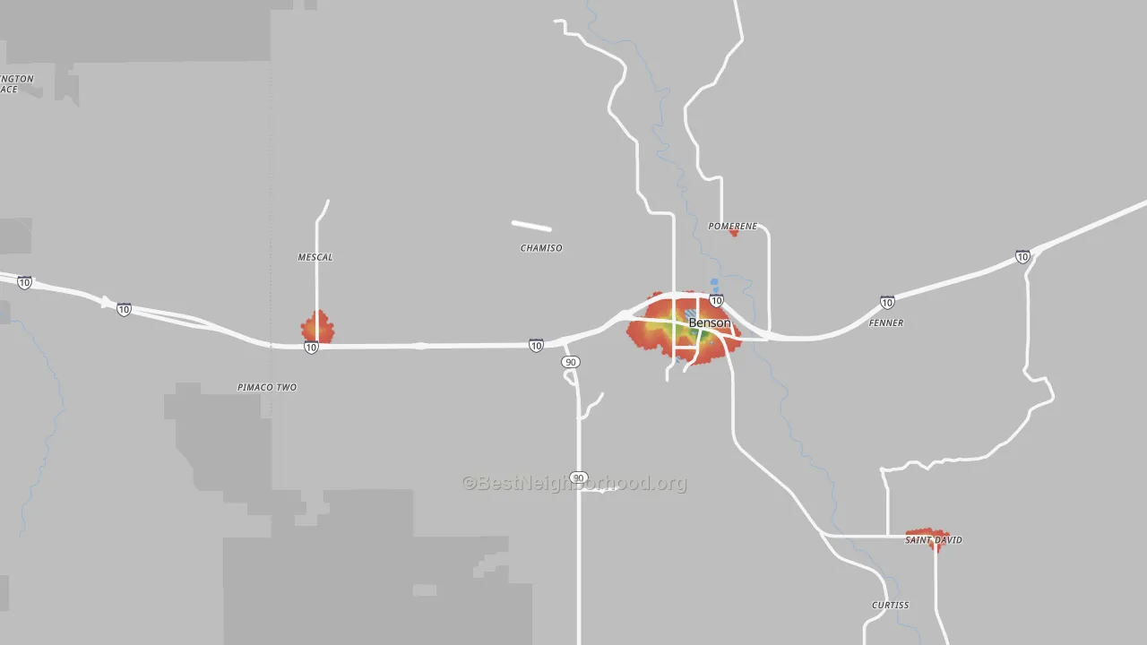 Walk Grade map of Benson, AZ, walkable areas in green and car-dependent areas in red